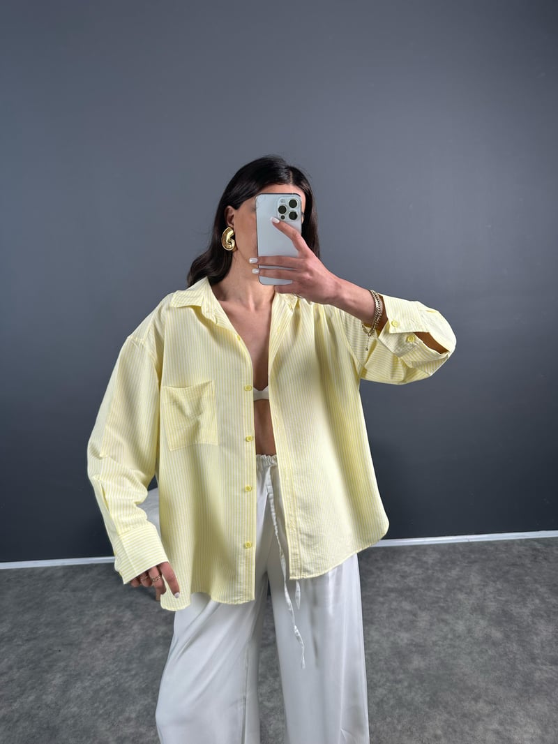 Sonho Sarı İnce Çizgili Oversize Gömlek
