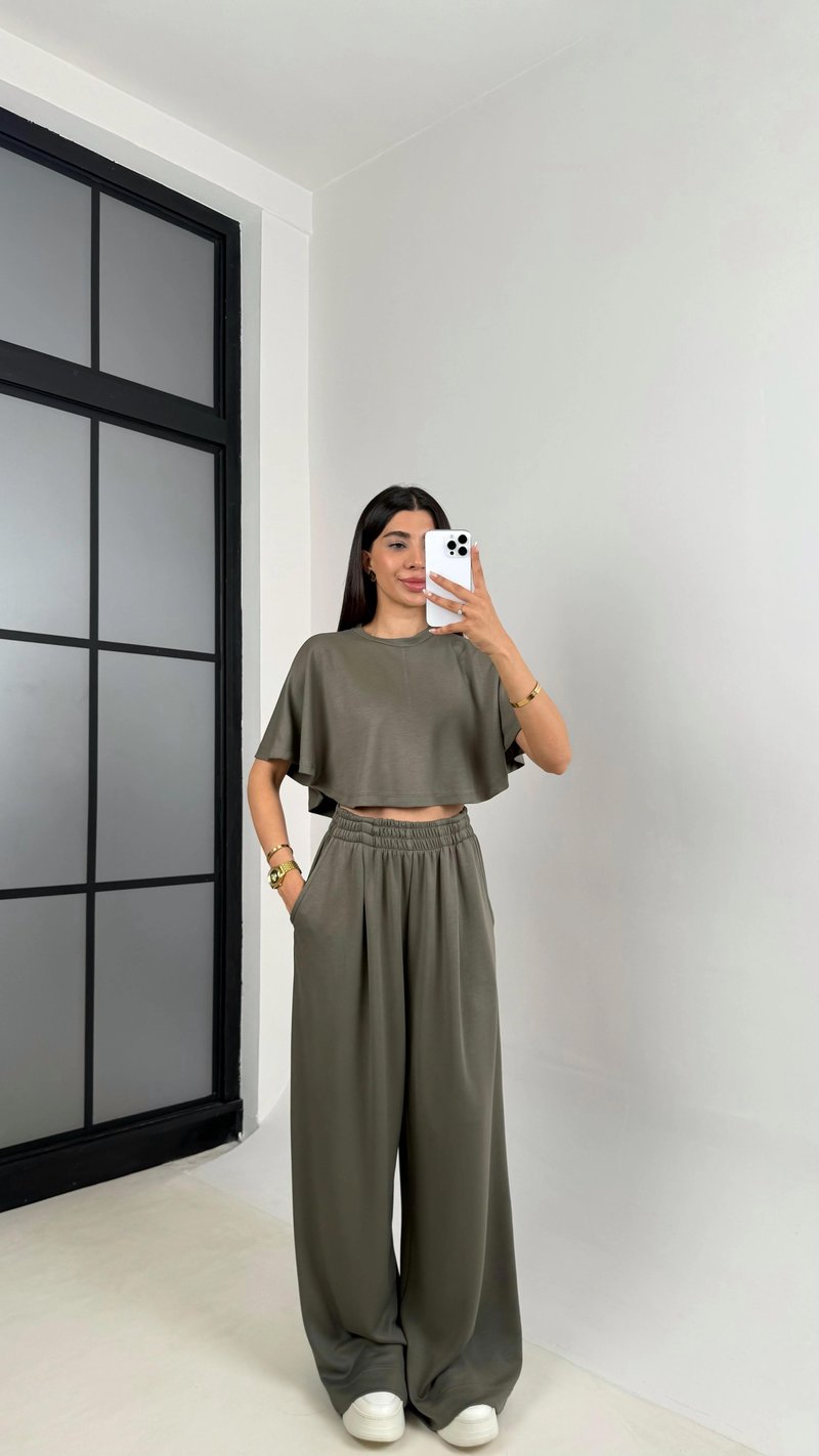Haki Crop Beli Lastikli Palazzo Eşofman İkili Modal Kumaş Takım GAUS-01219