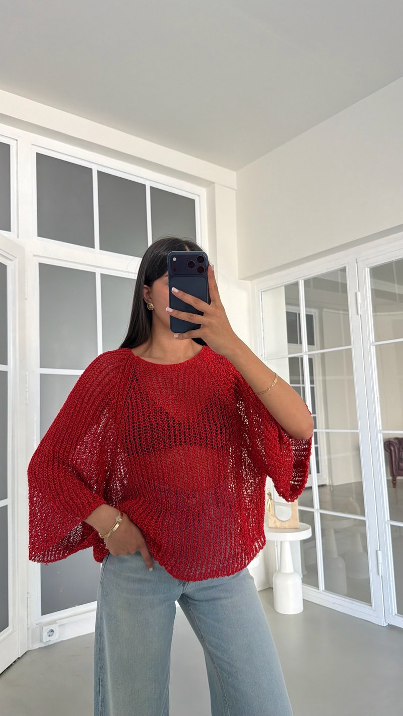 Kırmızı Ajurlu Triko Bluz GAUS-02064