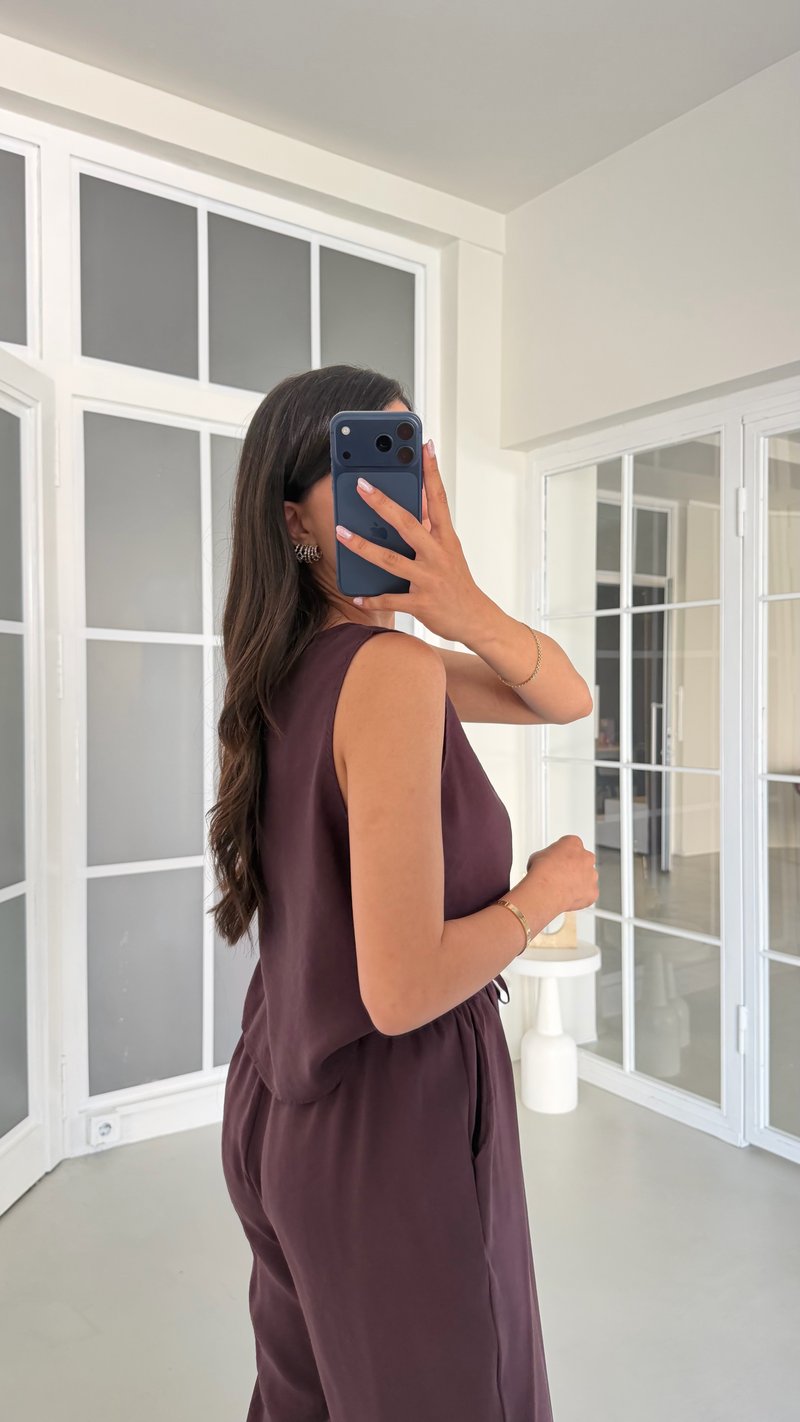 Mürdüm Bluz Beli Lastikli Pantolon İkili Tencel Takım GAUS-01769