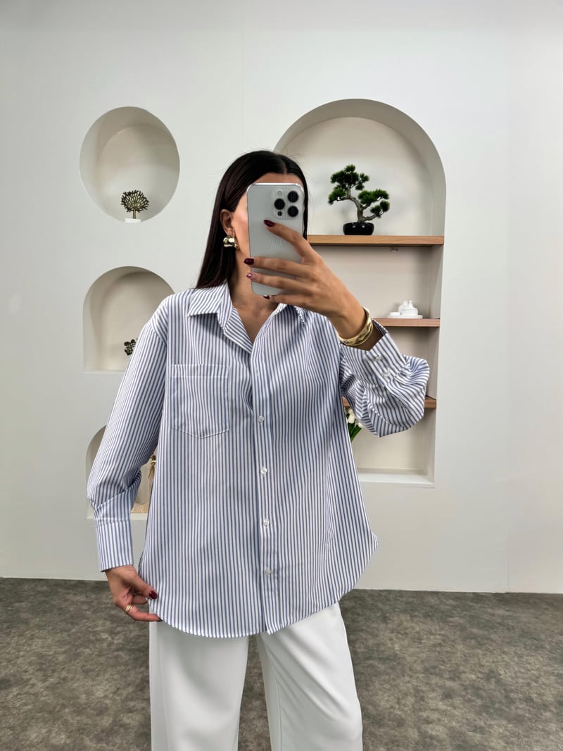 Lita Mavi Çizgili Oversize Gömlek