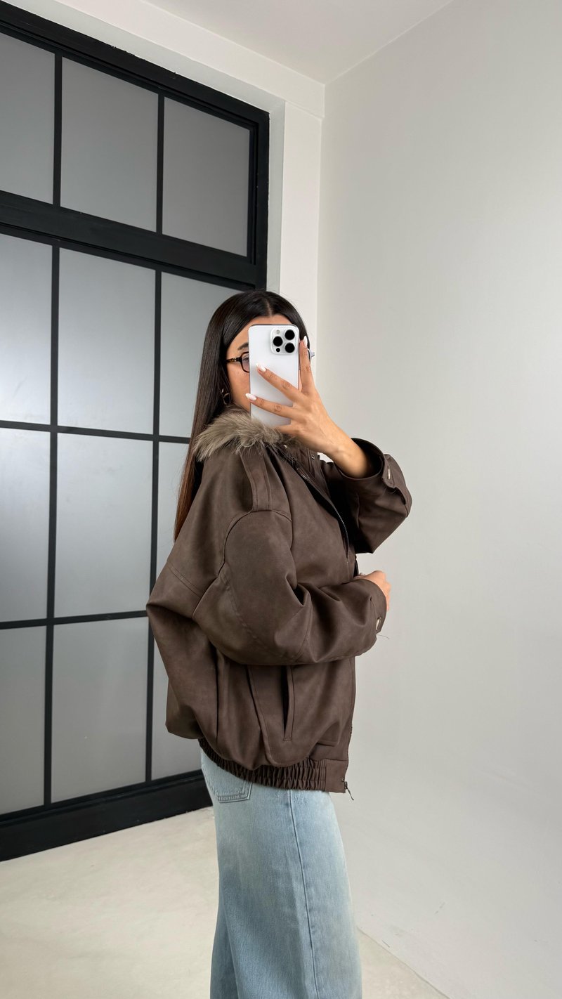 Kahve Çıkarılabilir Kürk Yaka Premium Süet Deri Mont GAUS-00500
