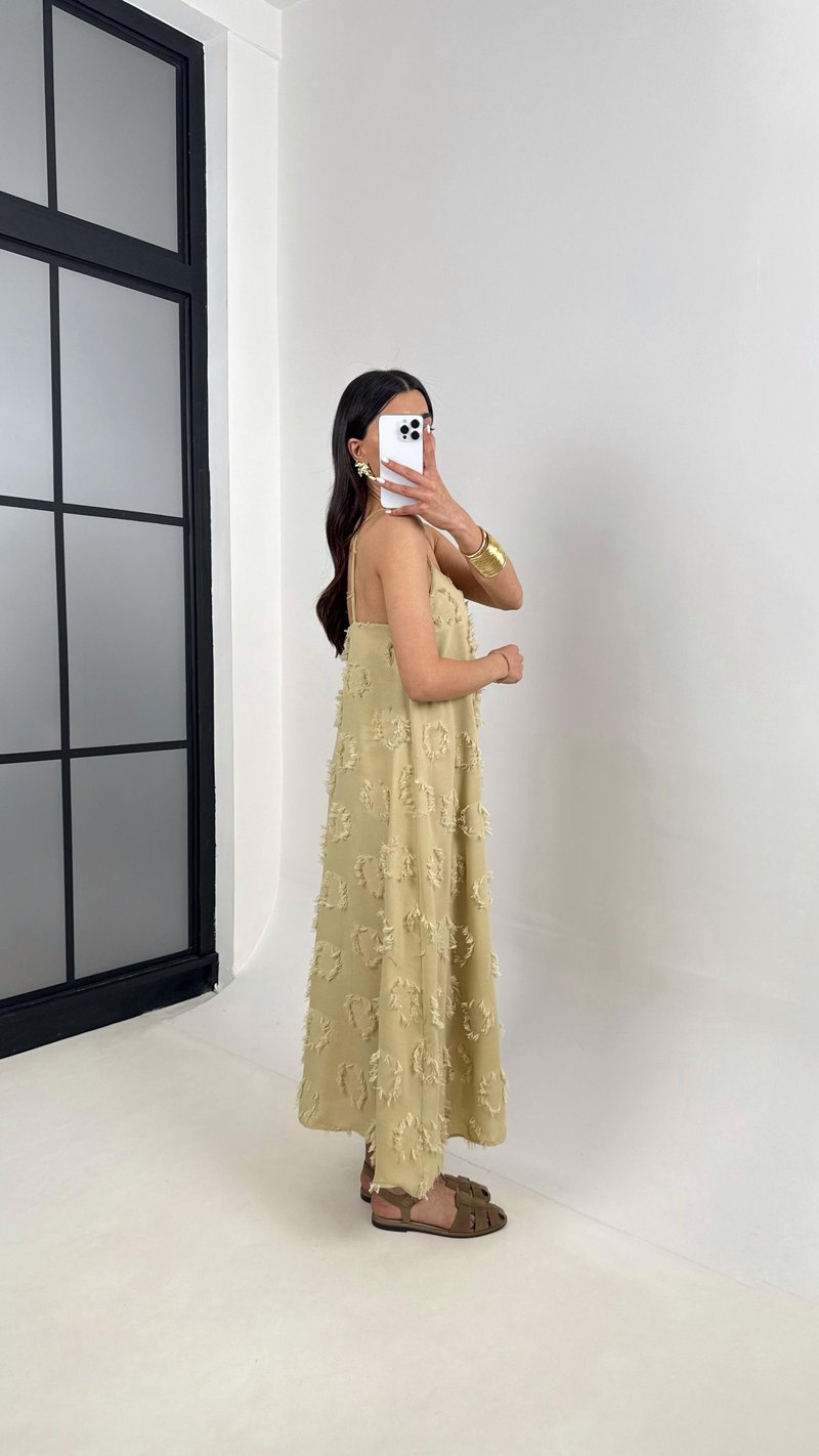 Soft Yeşil Püskül Detaylı Askılı Astarlı Keten Elbise Gaus00392
