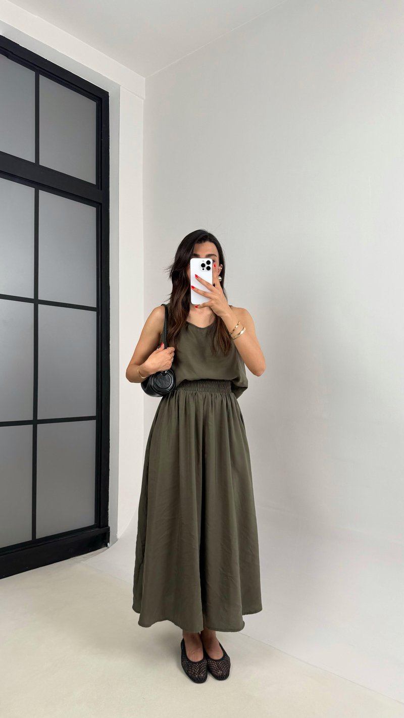 Haki Bluz Beli Lastikli Etek İkili Kırışık Tencel Takım Gaus00522