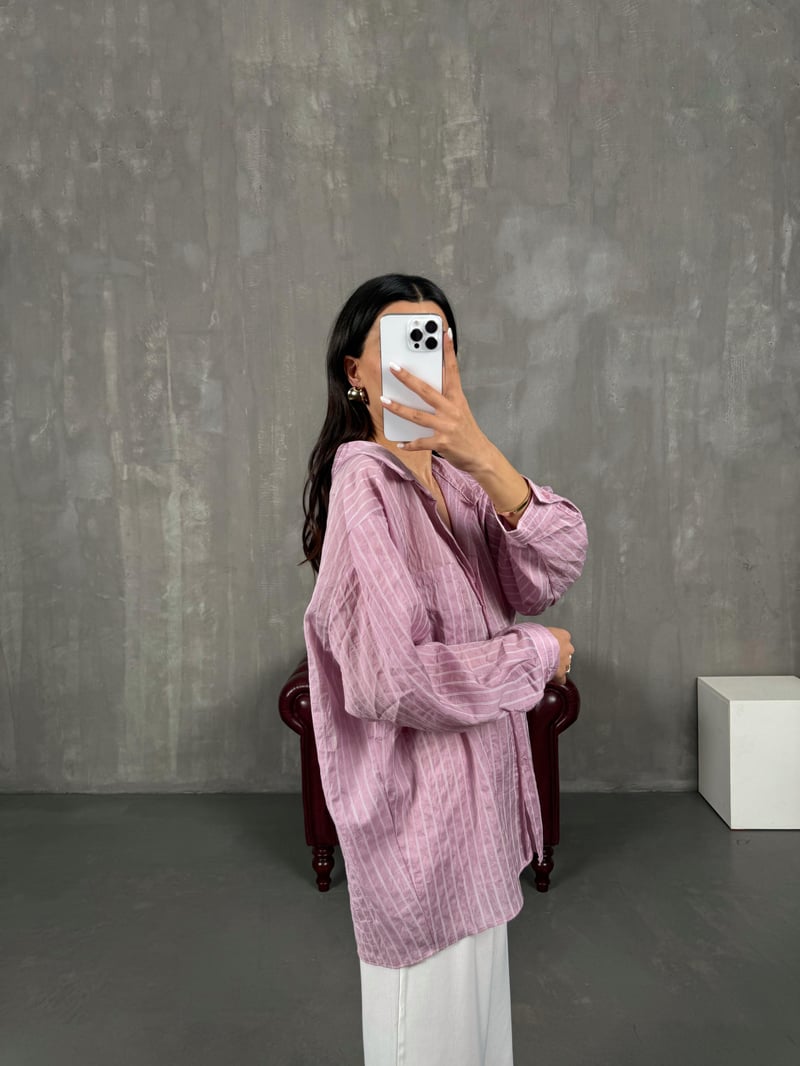 Pembe Çizgili Oversize Gömlek Gaus0004