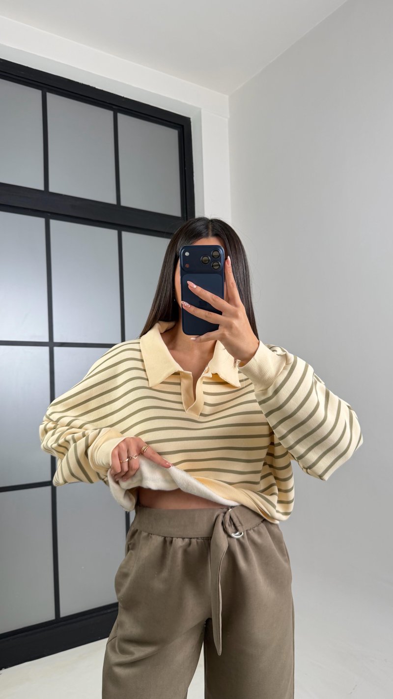 Haki Polo Yaka Çizgili Sweatshirt GAUS-00827