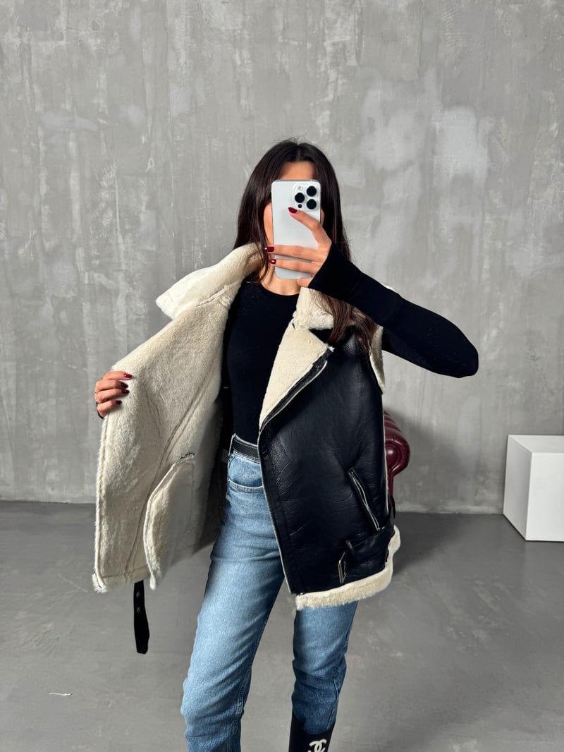 Sindo Siyah Peluş Deri Yelek Ceket