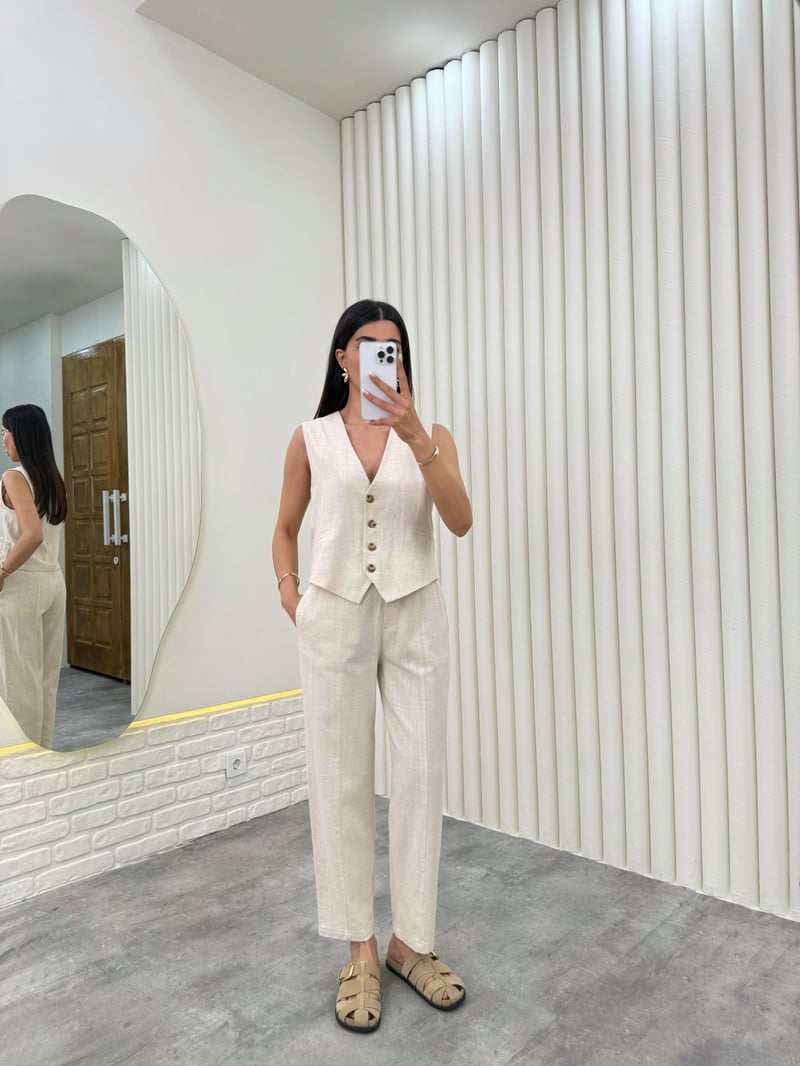 Taş Yelekli Beli Lastikli Pantolon İkili Keten Takım Gaus00276