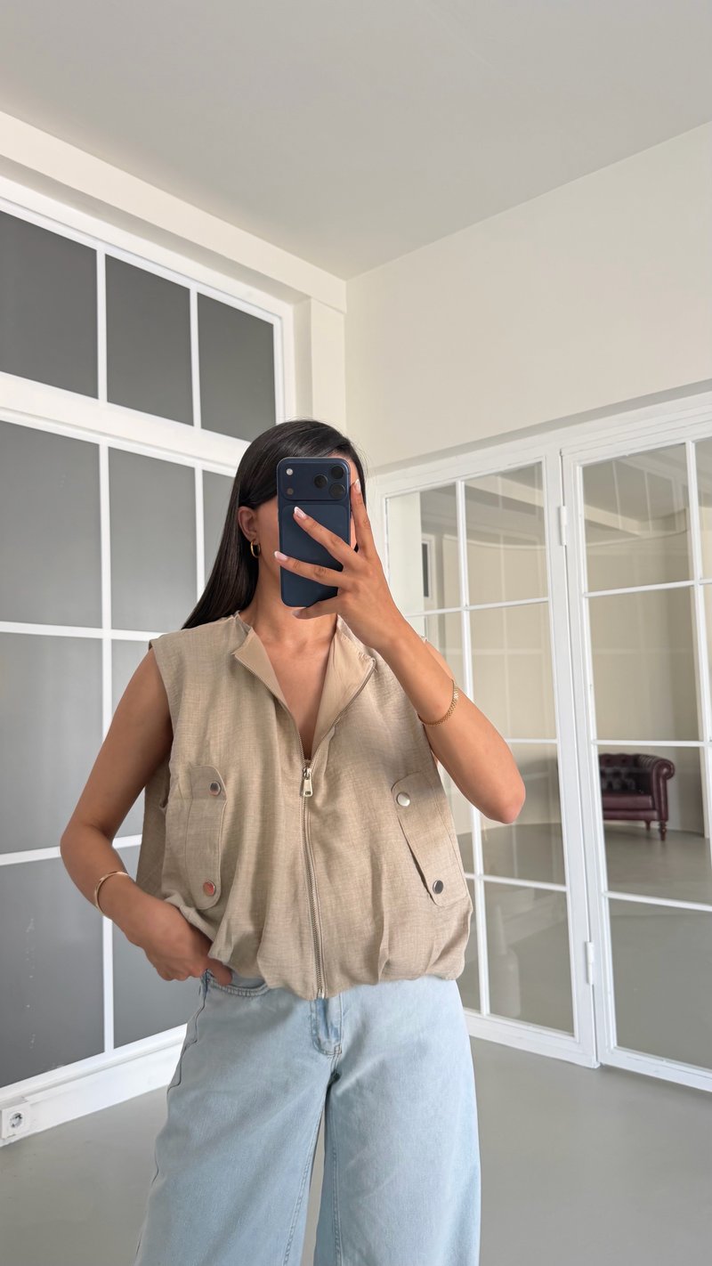 Taş Fermuarlı Astarlı Keten Yelek GAUS-01689