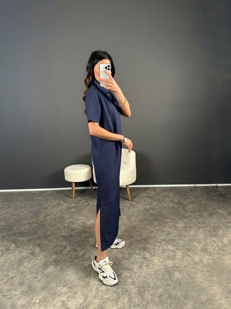 Lacivert Maxi Boy Polo Yaka Yırtmaçlı Elbise 