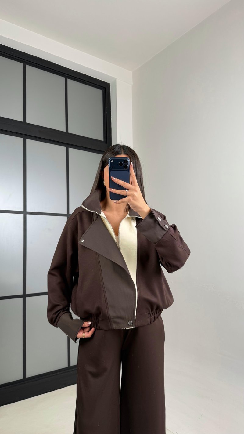 Acı Kahve Çıtçıt Düğmeli Ceket Pantolon Paraşüt Kumaş Detaylı Modal Takım GAUS-01075