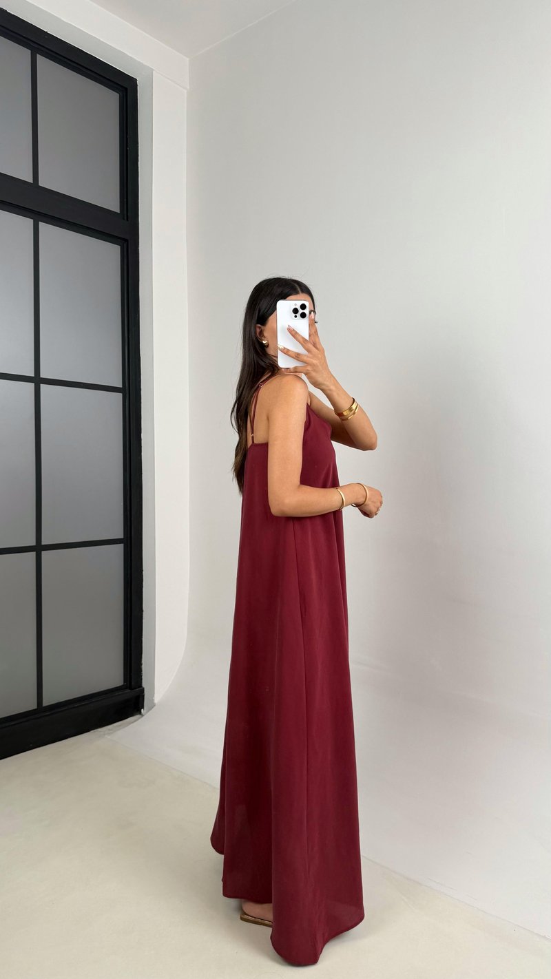 Bordo Ayarlanabilir Askılı Astarlı Tencel Elbise Gaus00690