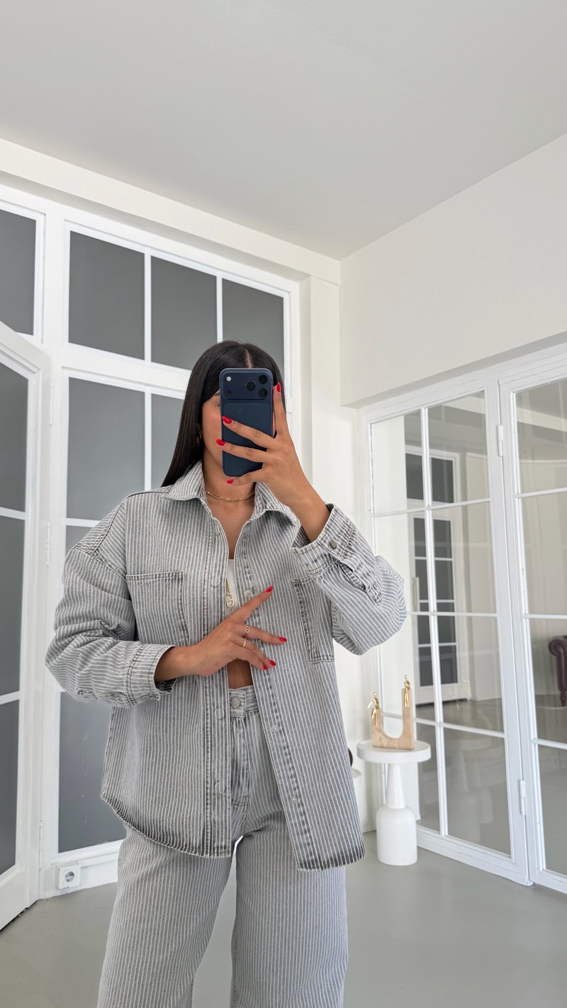 Gri Çizgi Detaylı Gömlek Pantolon İkili Denim Takım GAUS-01882