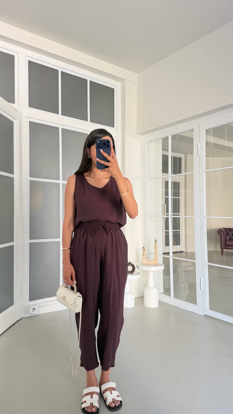 Mürdüm Bluz Beli Lastikli Pantolon İkili Tencel Takım GAUS-01769