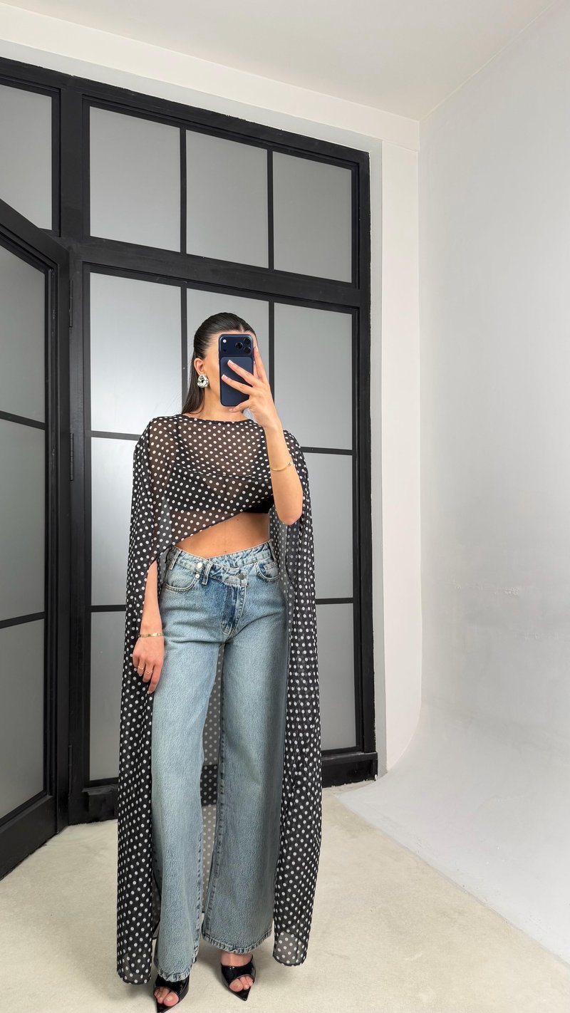 Puantiyeli Şifon Maxi Boy Pelerin GAUS-01457