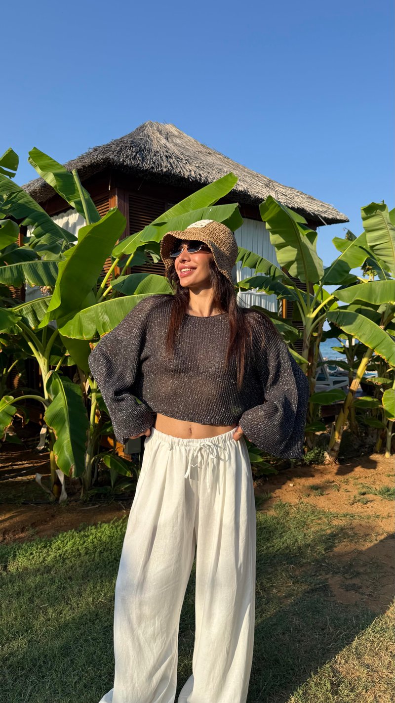 Simli Antrasit Triko Crop Gaus00656