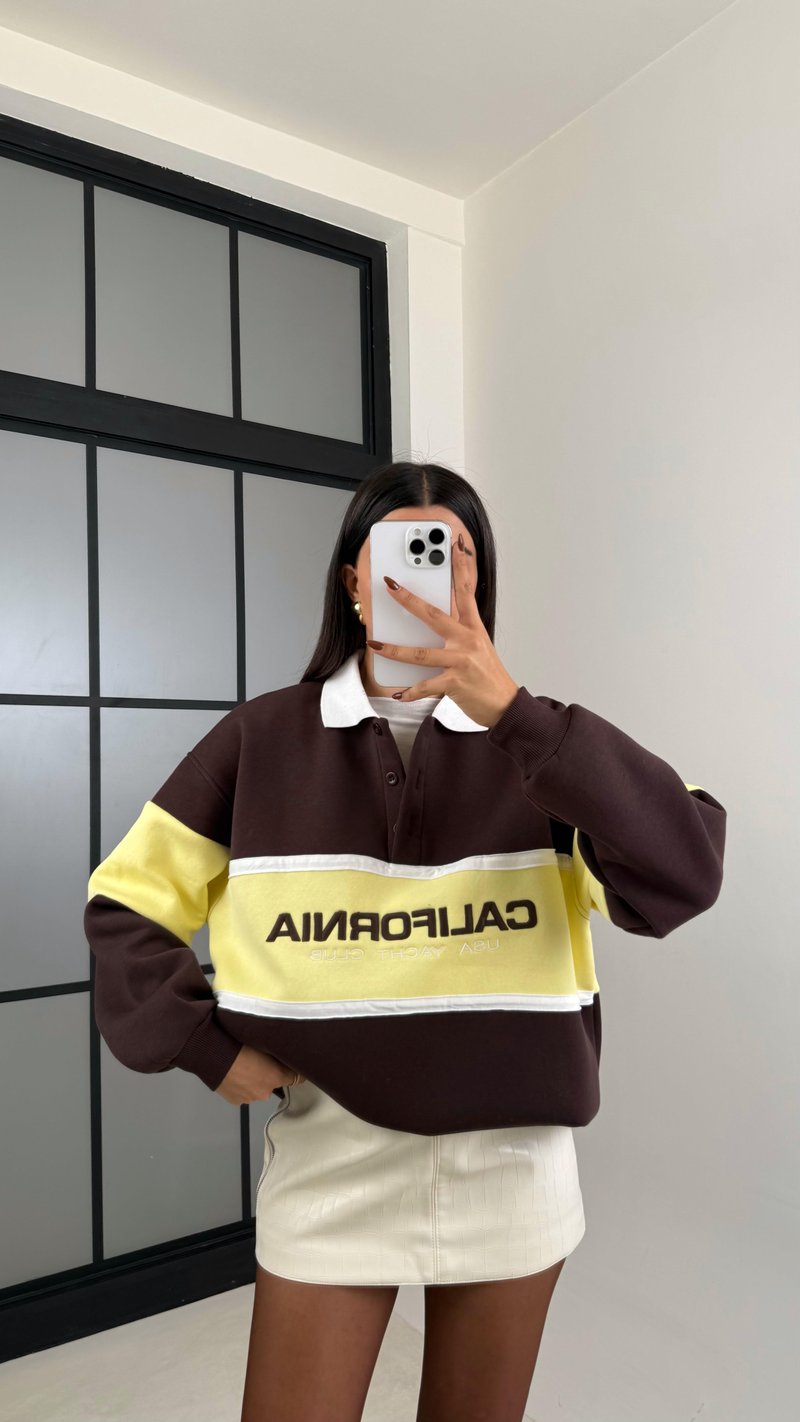 Kahve California Yazılı Şardonlu 3 İplik Sweatshirt GAUS-00471