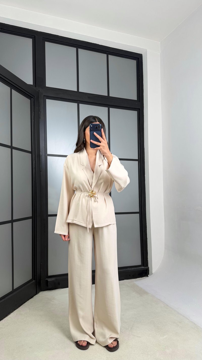 Taş Broş Detaylı Kimono Beli Lastikli Pantolon Takım GAUS-01345