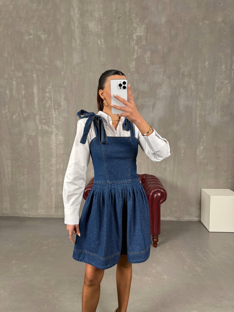 Parida Lacivert Omuz Bağlamalı Tasarım Denim Elbise