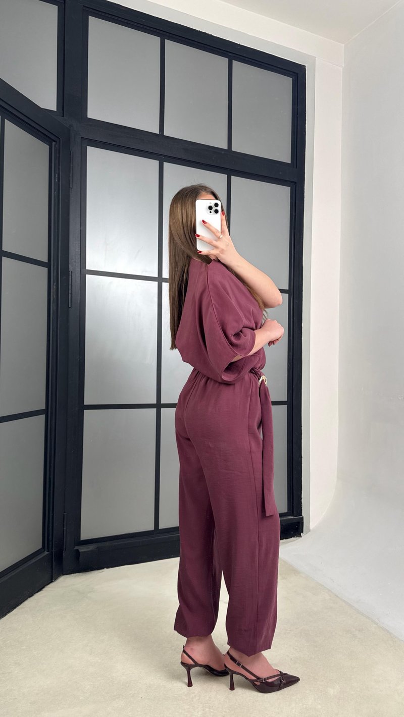 Mürdüm Gold Toka Detaylı Bluz Şalvar Pantolon İkli Tasarım Takım GAUS-01271
