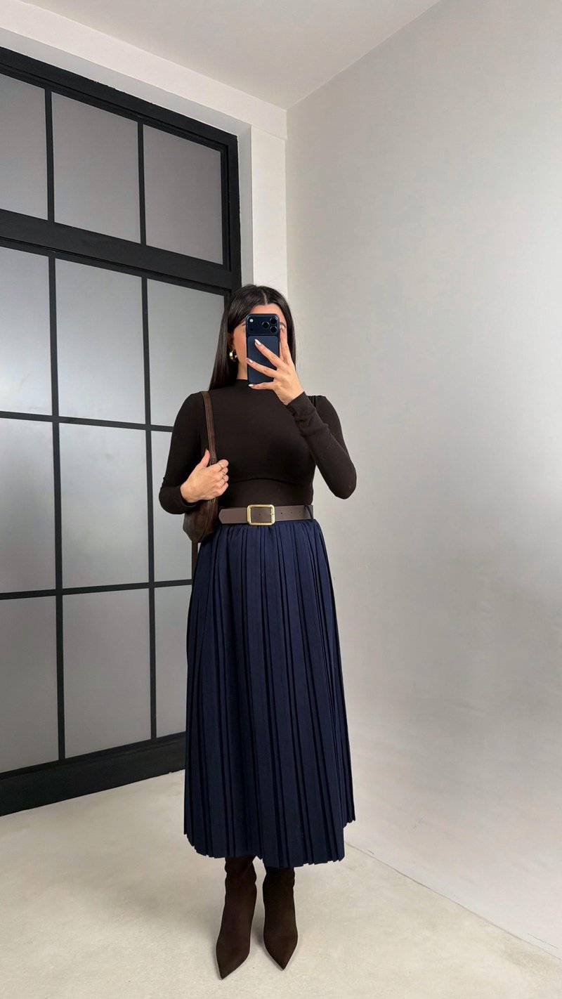 Lacivert Astarlı Kemerli Süet Etek GAUS-01080