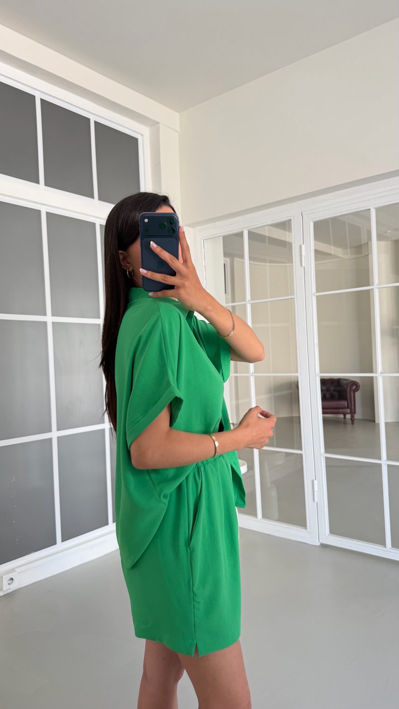 Yeşil Gömlek Beli Lastikli Şort Basic Takım GAUS-01721