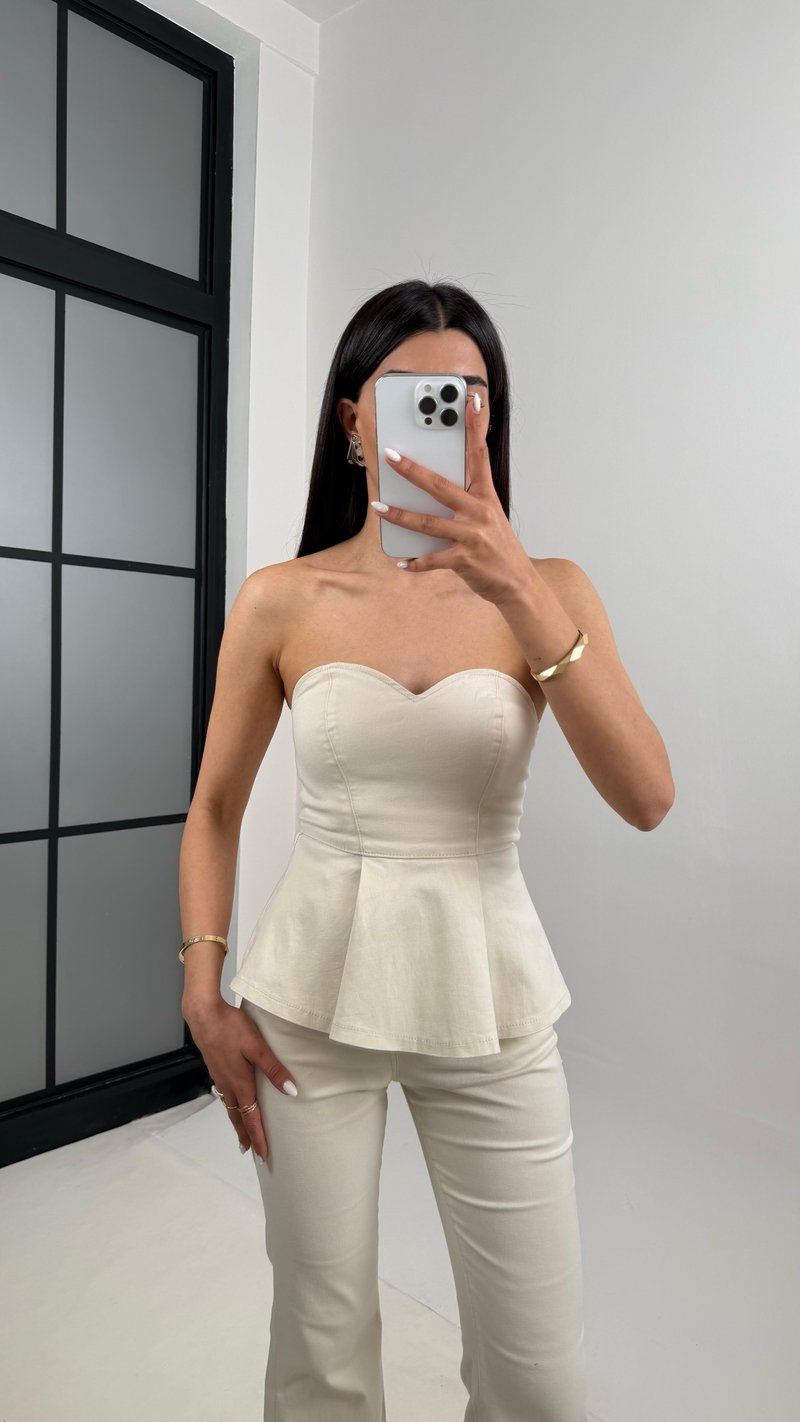 Taş Flare Jean Straplez Crop Volanlı Tasarım Takım Gaus00400