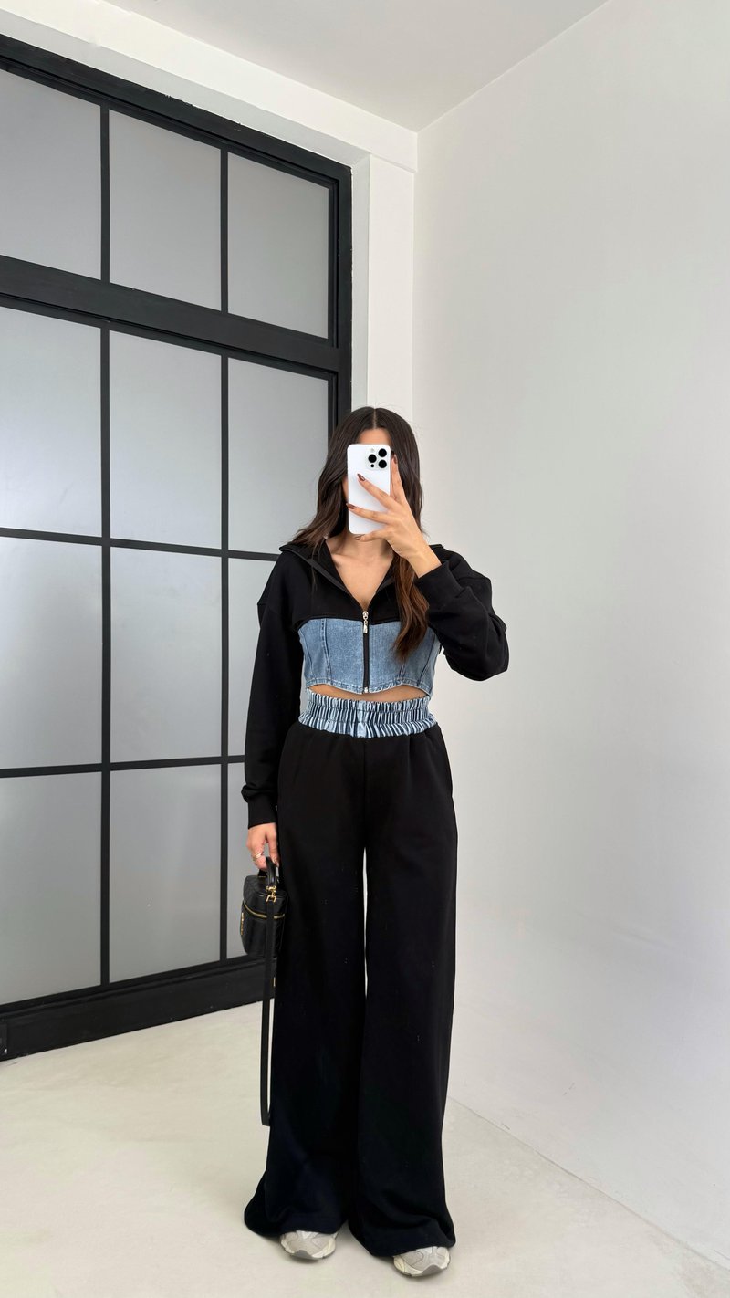 Siyah Denim Detaylı Kapüşonlu Hırka Beli Lastikli Pantolon Tasarım Takım GAUS-00444