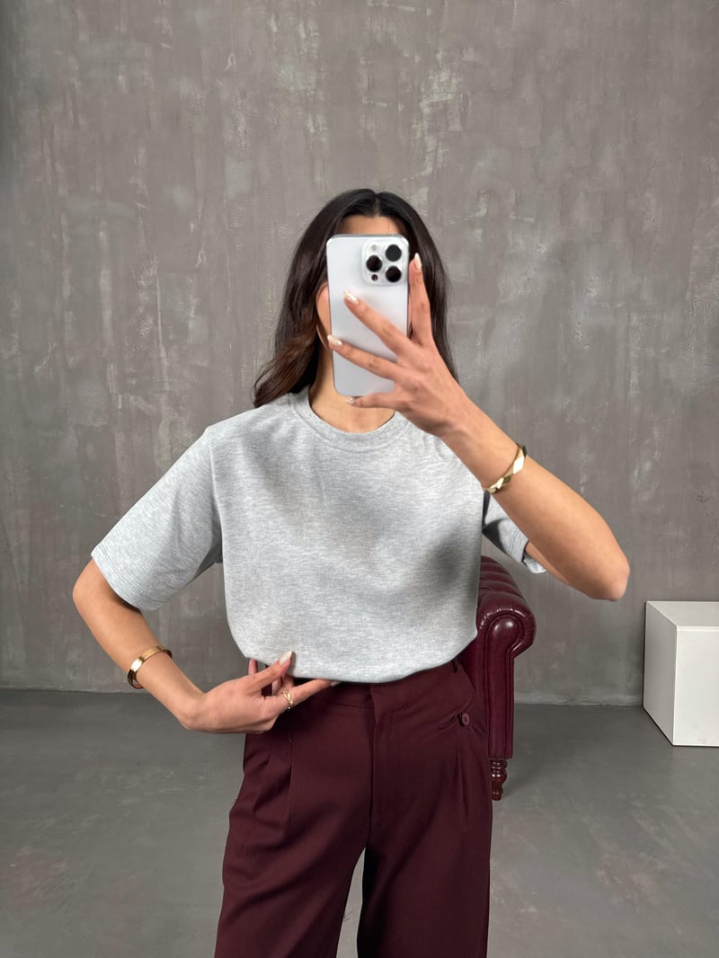 Nivon Gri Pamuklu Bisiklet Yaka Basic Tshirt