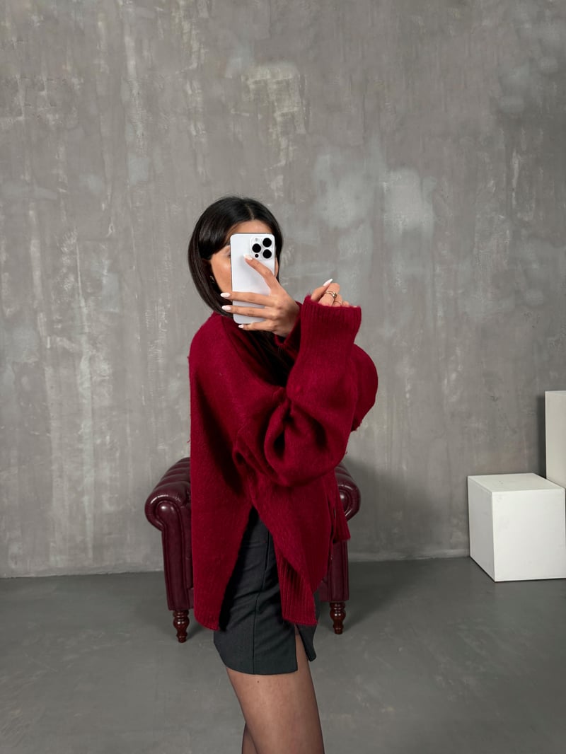 Belovi Bordo ZR Model Yandan Yırtmaç Detaylı Düğmeli Hırka