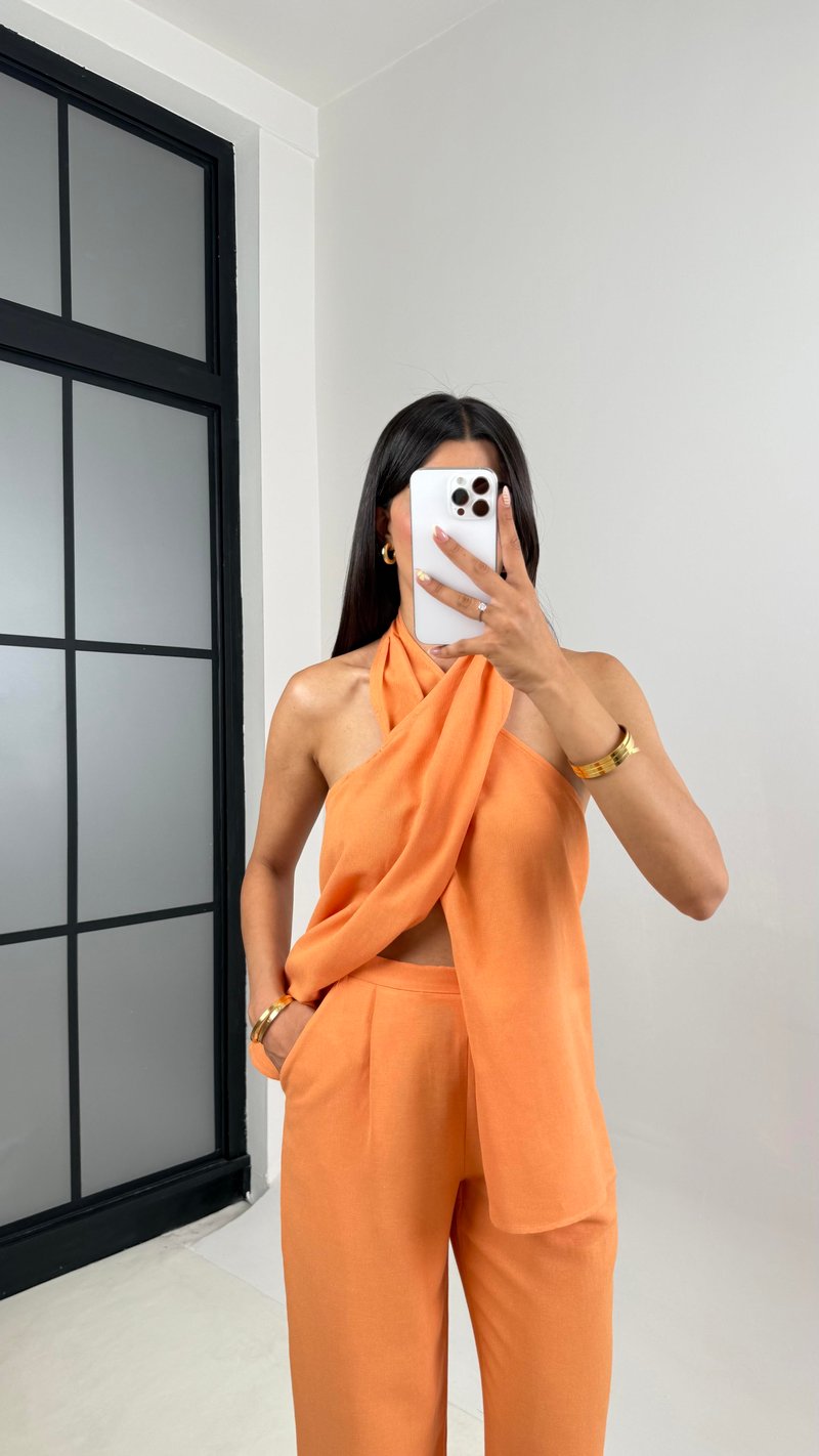 Somon Boyundan Bağlamalı Bluz Cepli Pantolon Tasarım Keten Takım Gaus00667