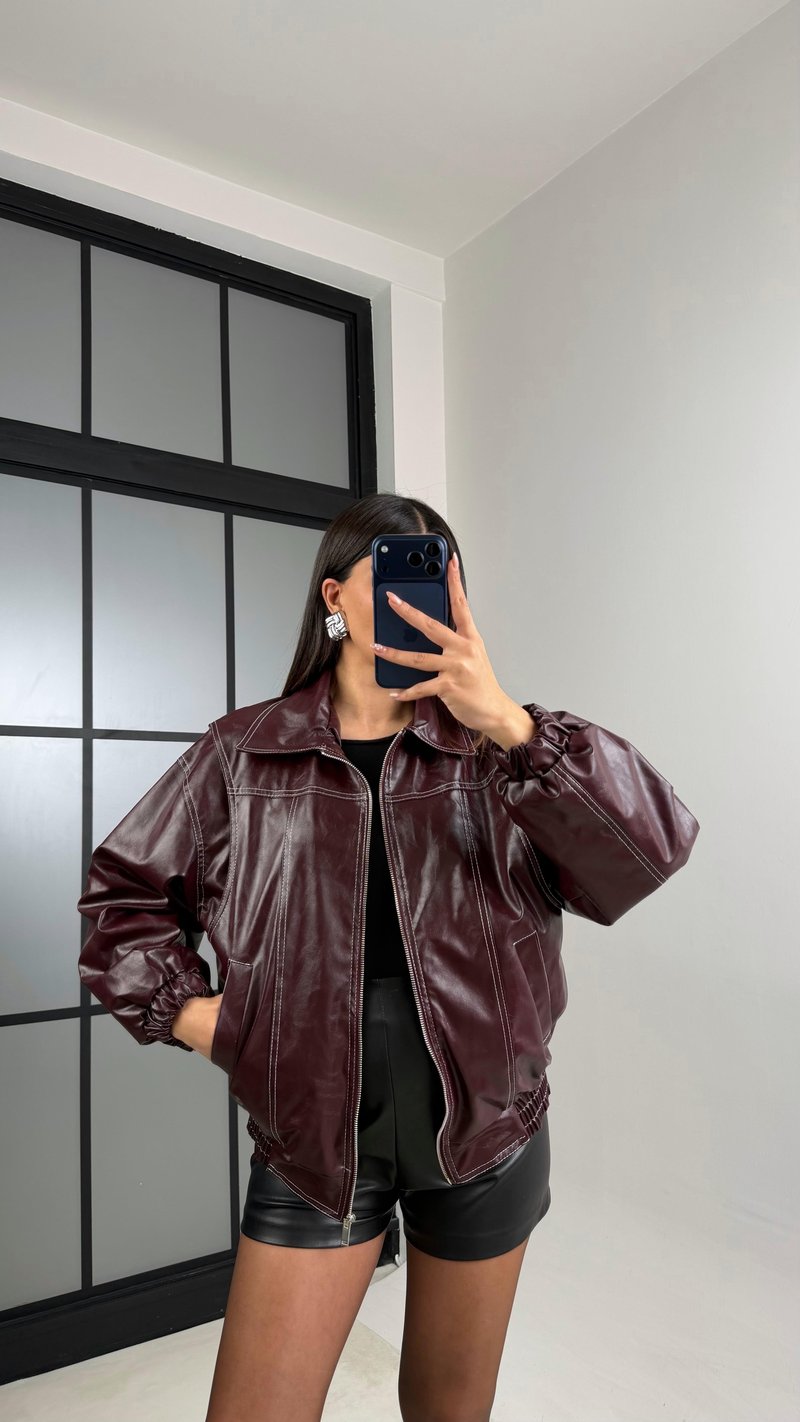 Bordo Dikiş Detaylı Astarlı Deri Ceket GAUS-00908