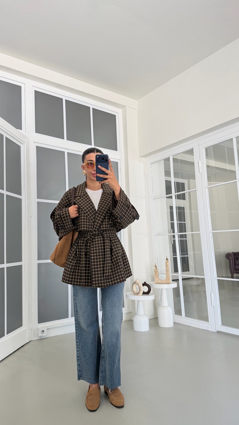 Kahve Astarlı Ekose Desenli Kuşaklı Premium Trençkot GAUS-01895
