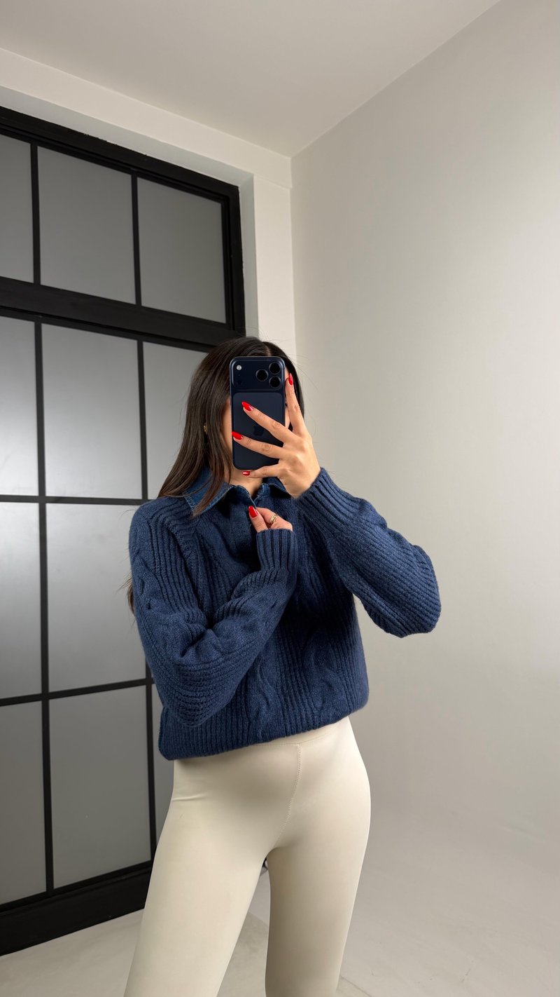 Lacivert Denim Yaka Detaylı Örgü Kazak GAUS-00929