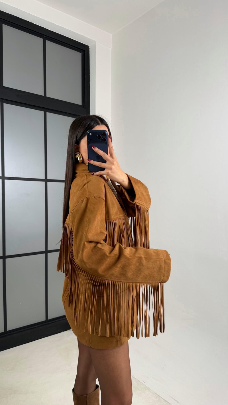Camel Püskül Detaylı Astarlı Süet Ceket GAUS-00682