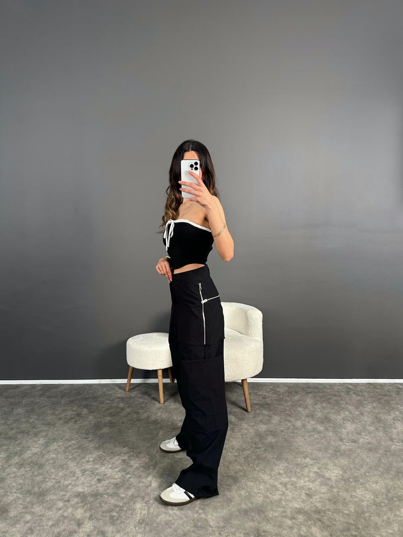ZR Model Siyah Fermuarlı Paraşüt Pantolon 