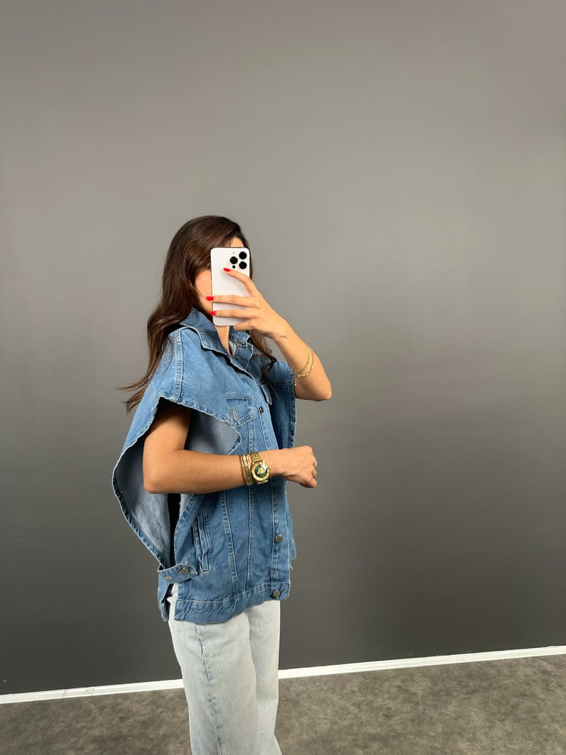 Laswel Mavi Yarasa Kol Tasarım Denim Kot Yelek 