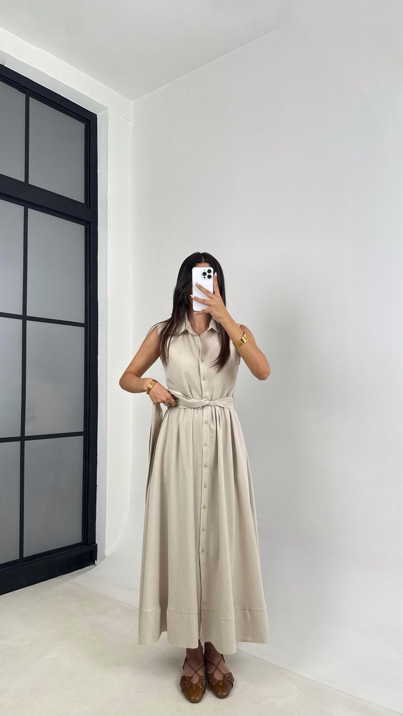 Taş Sıfır Kol Önü Düğmeli Kuşaklı Elbise GAUS-0051