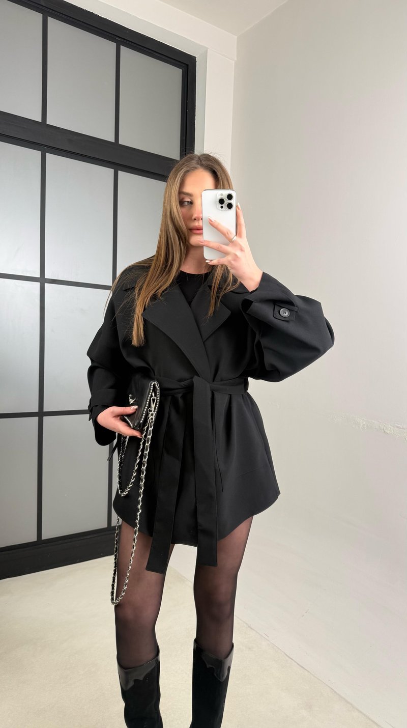 Siyah Astarlı Kuşaklı Premium Trençkot GAUS-00977