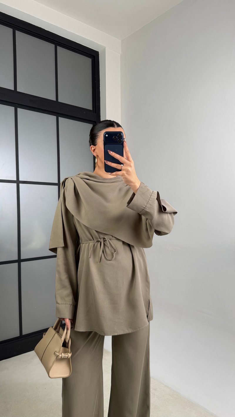 Haki Şal Detaylı Belden Kuşaklı Beli Lastikli İthal Kumaş İkili Takım GAUS-01154