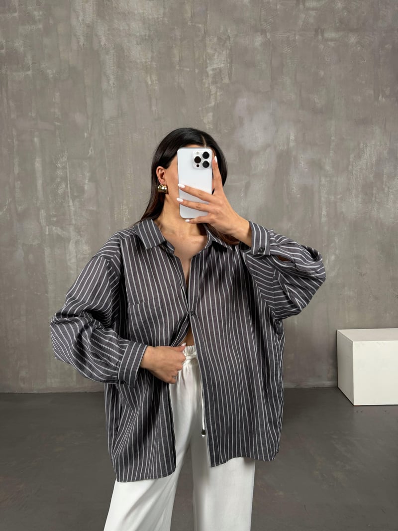 Antrasit Çizgili Oversize Gömlek Gaus0004