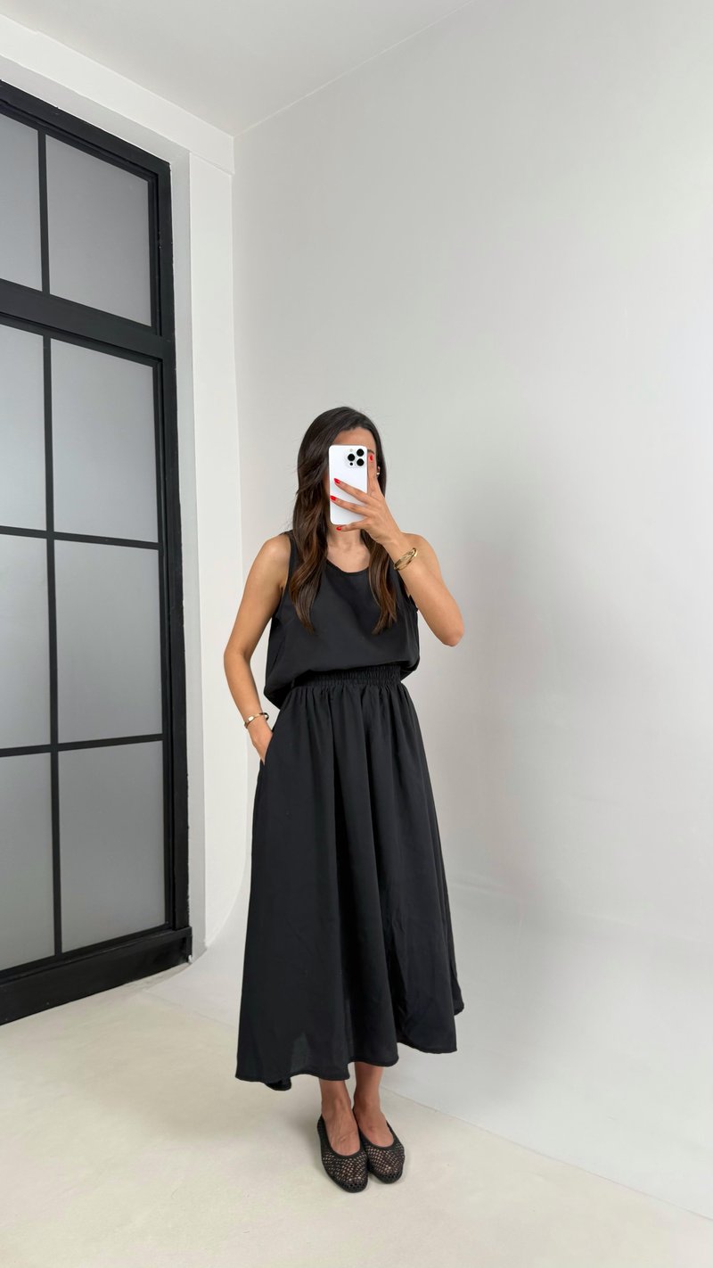 Siyah Bluz Beli Lastikli Etek İkili Kırışık Tencel Takım Gaus00522
