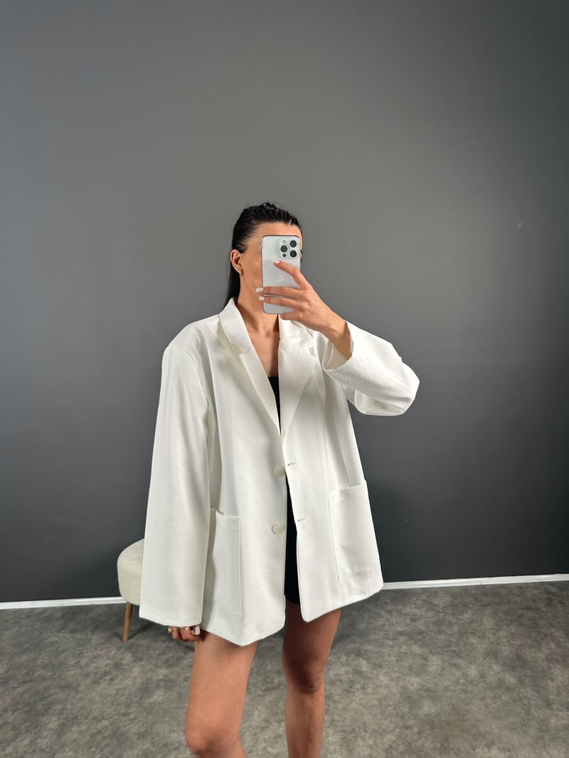 Muadil Beyaz Premium Keten Oversize Ceket