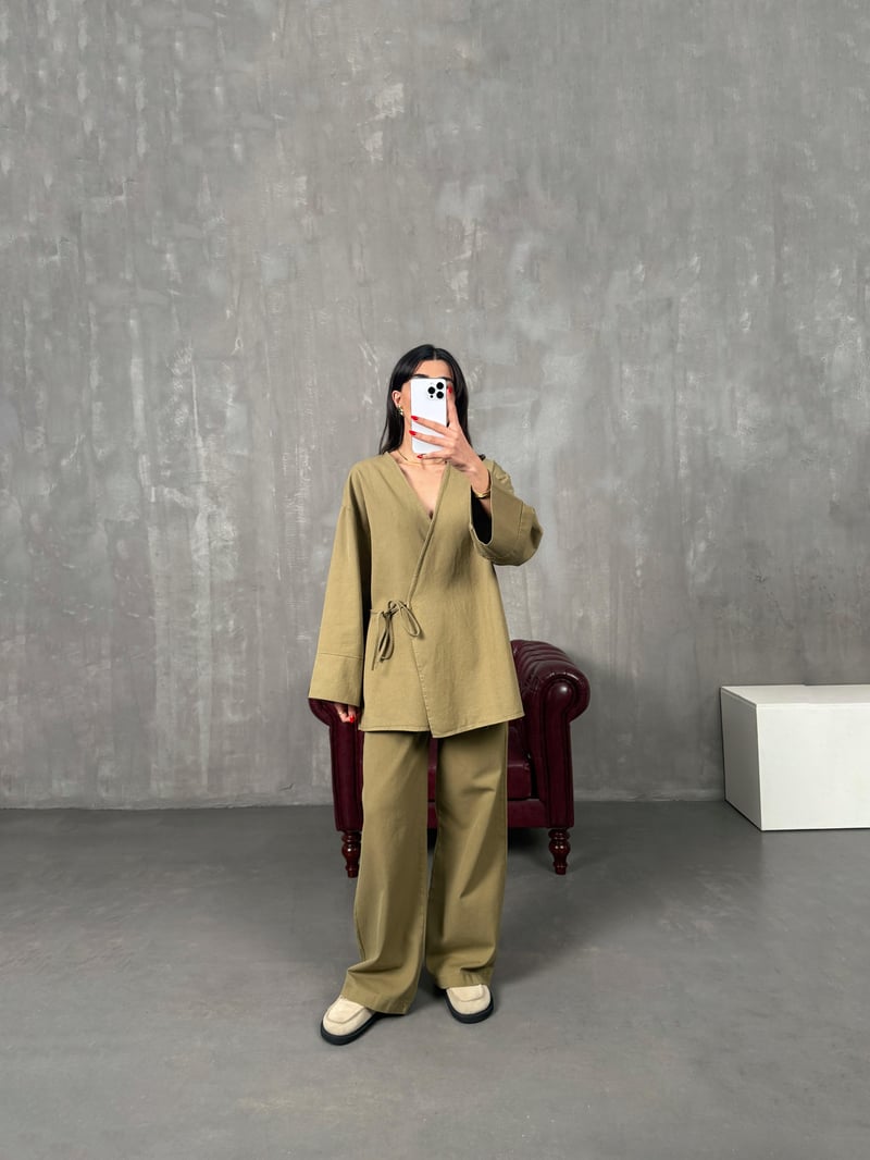 Rozali Yeşil Gabardin Kimono İkili Takım