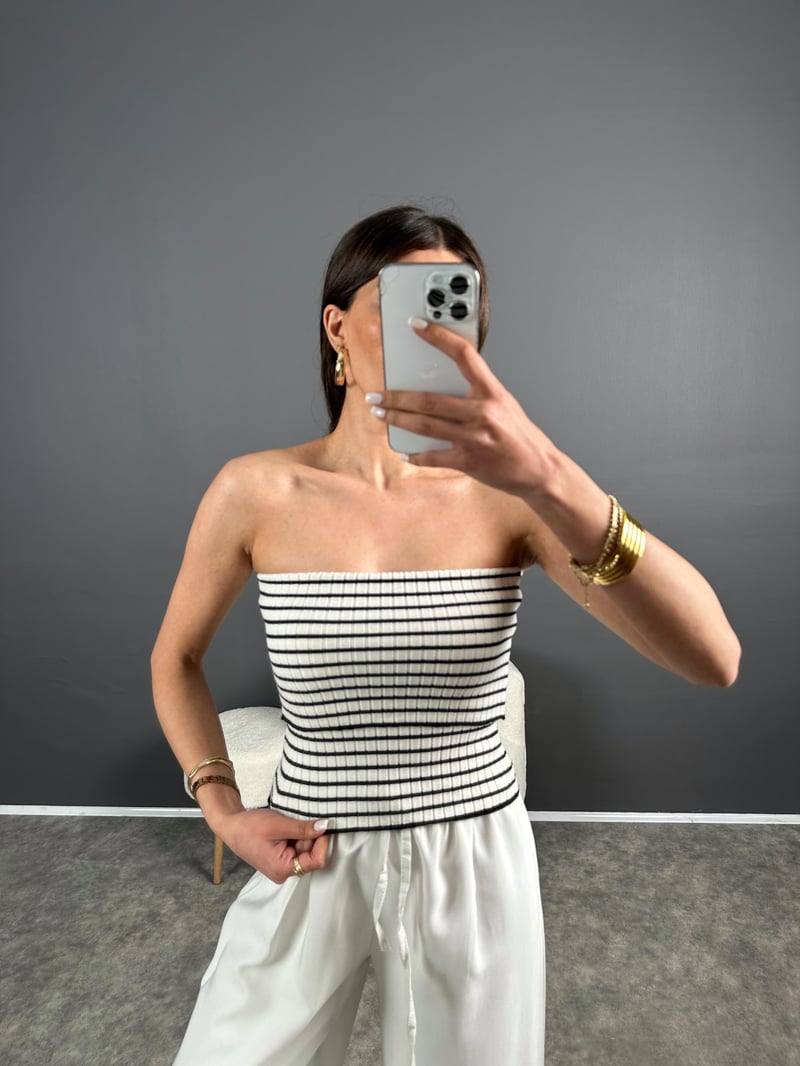 Çizgili Triko Crop Straplez 