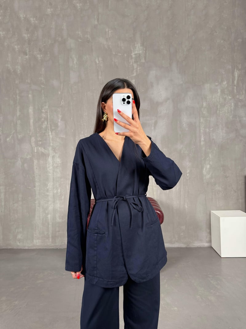 Navy Blue Belted Gabardine Set Gaus00157