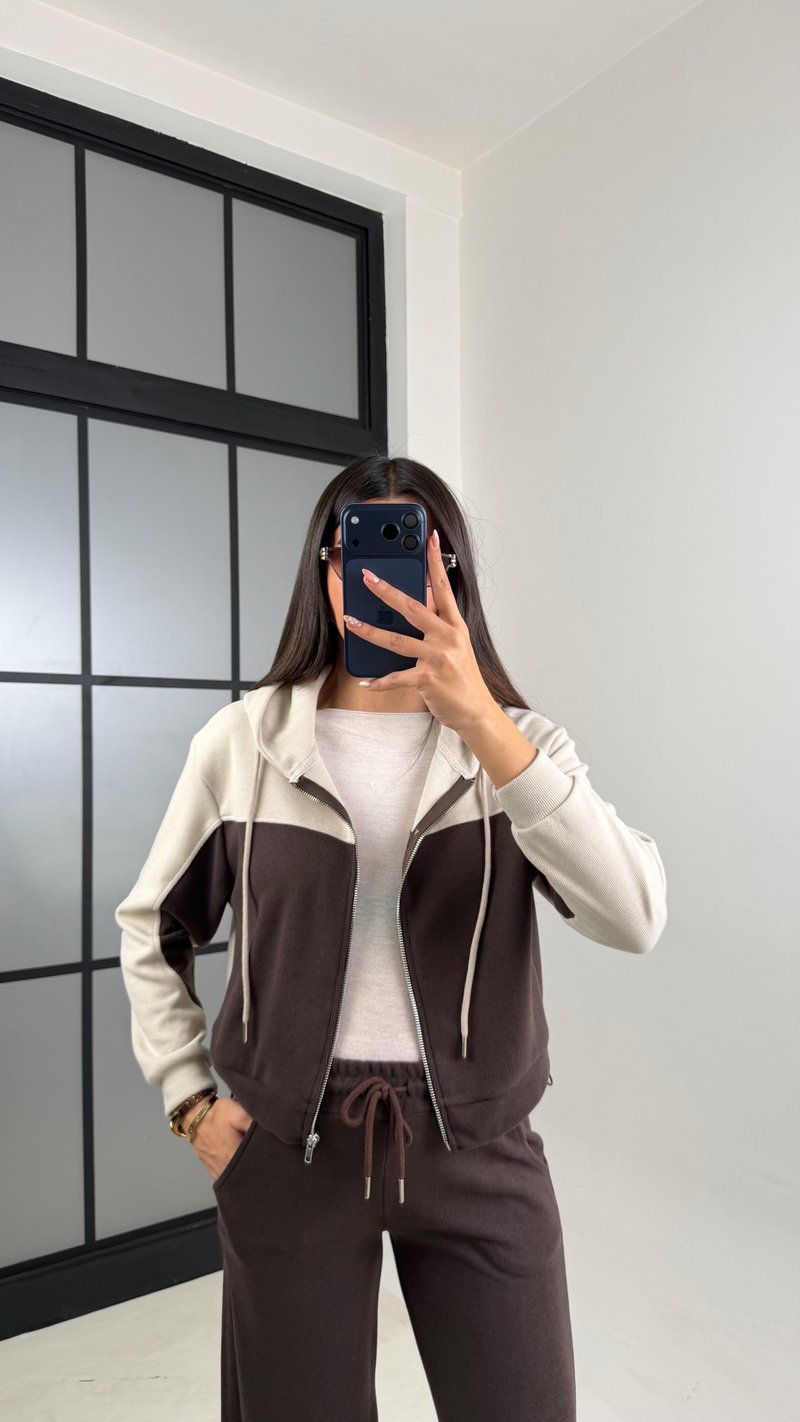 Acı Kahve Hırka Beli Lastikli Pantolon İkili Selanik Kumaş Takım GAUS-00800