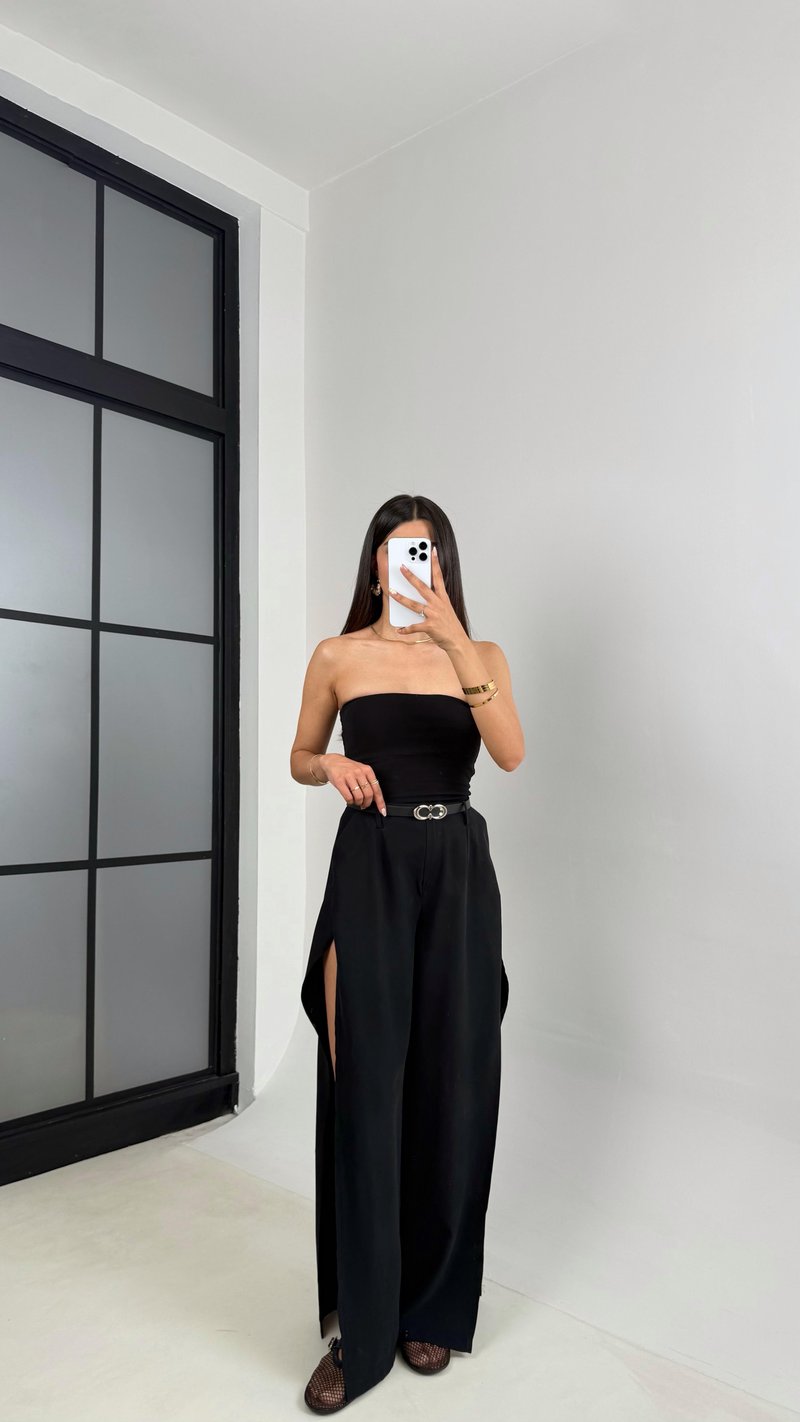 Siyah Yan Yırtmaçlı Kemerli Tencel Pantolon Gaus00639