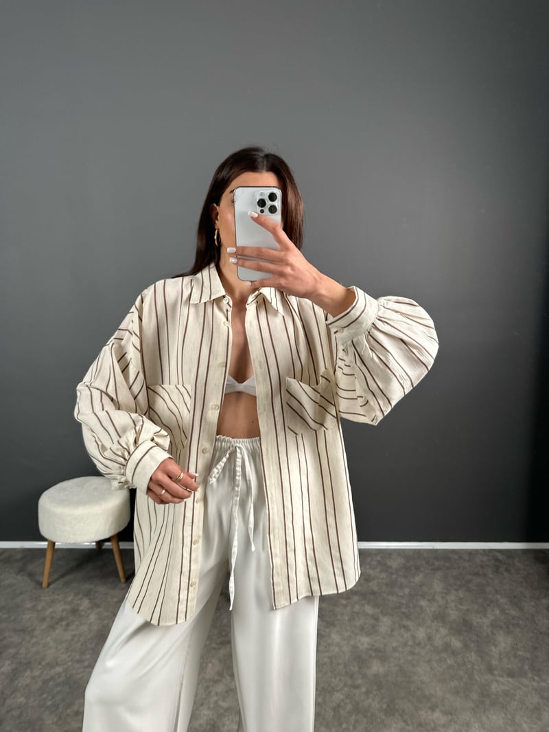 Kahve Çizgili Keten Oversize Gömlek