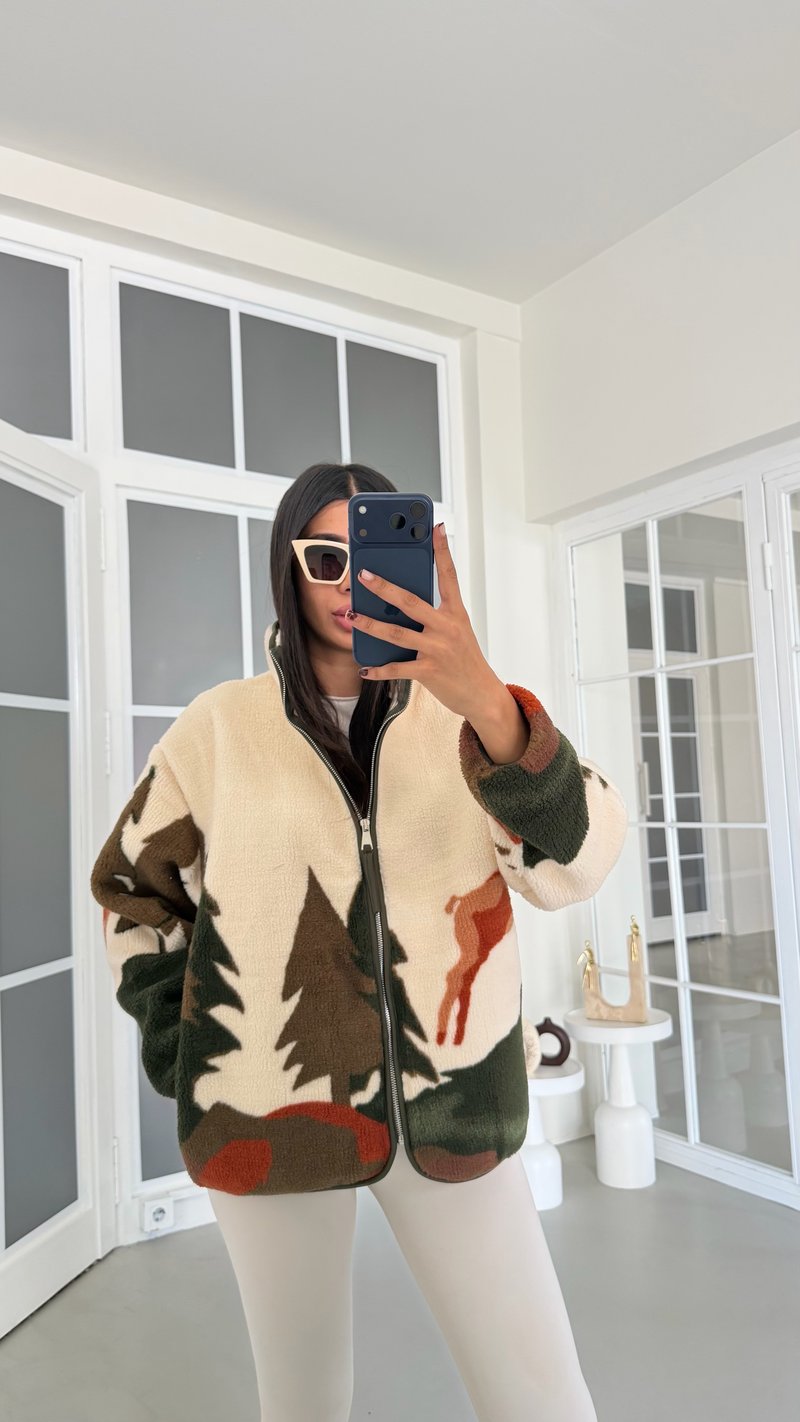 Kahve Çam Ağaçlı Geyik Desenli Fermuarlı Polar Sweatshirt GAUS-01913